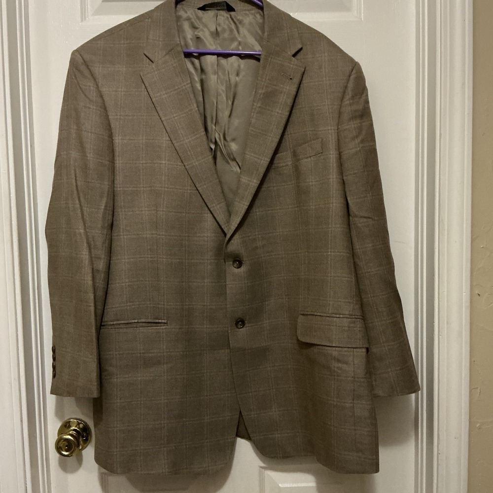 Jos A Bank Men's Sport Coat Blazer 48L Wool‎ Silk Blend Subtle Plaid Cream/Tan